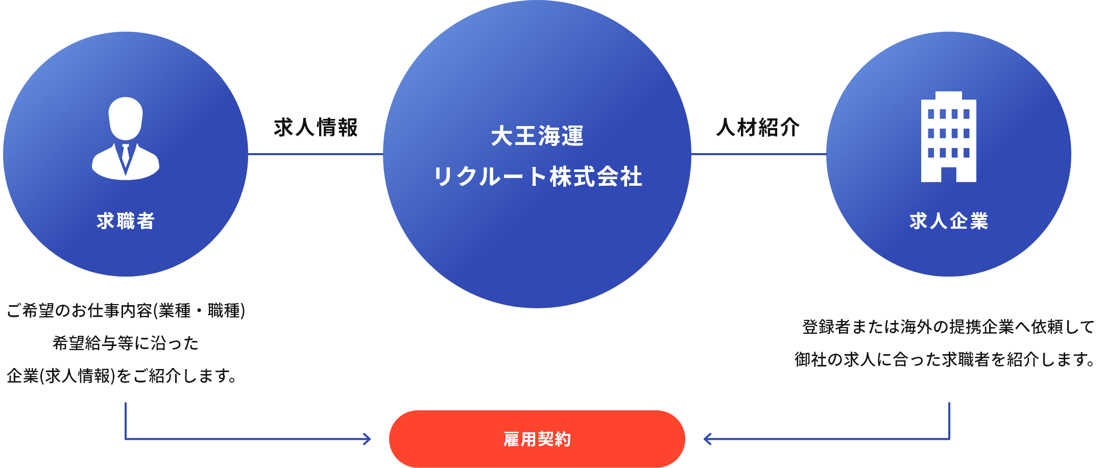 イメージ：人材のマッチング後も、入国手続き支援や語学・マナー研修、生活サポートを通じて、外国人材の採用活動全般において、企業と人材の両方をサポートしています。